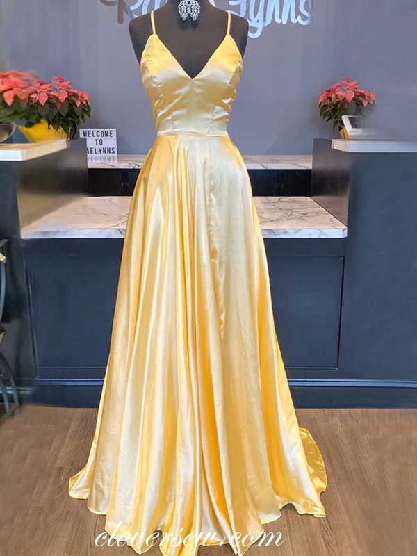 Casual chic maxi dress-Yellow Satin V-neck Spaghetti Strap A-line Prom Dresses,CP0350