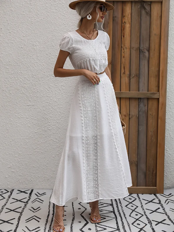 Romantic lace midi dress-TastyHottie - New short-sleeved T-shirt two-piece white skirt