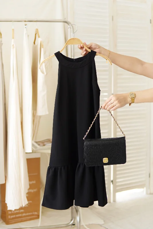 One-shoulder mini dress-BLACK HALTER FLARE DRESS