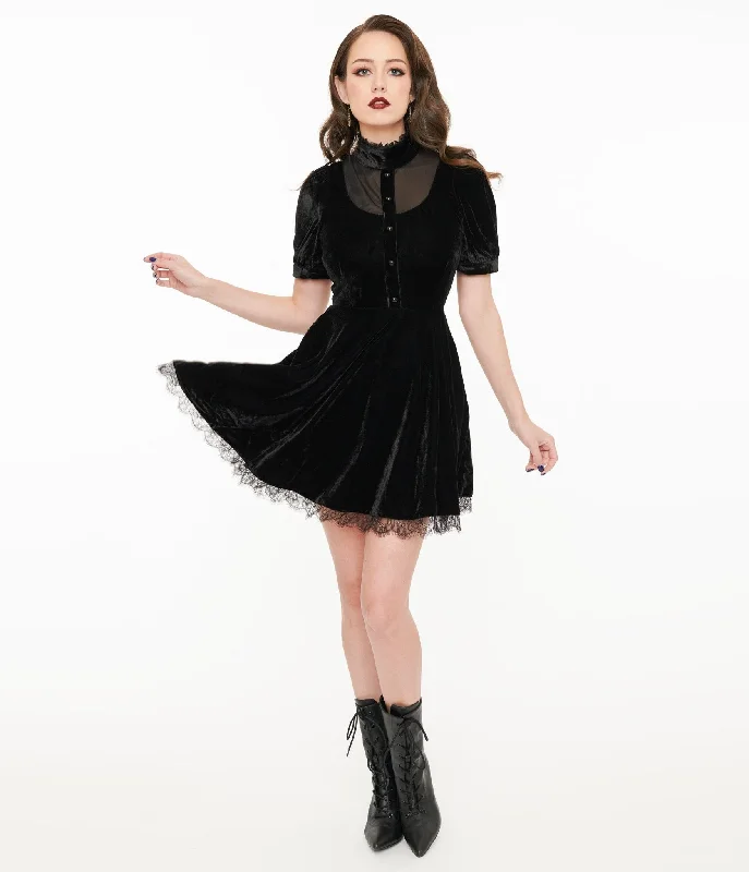 Mini dress with sheer overlay-Black Velvet Victoria Goth Fit & Flare Dress