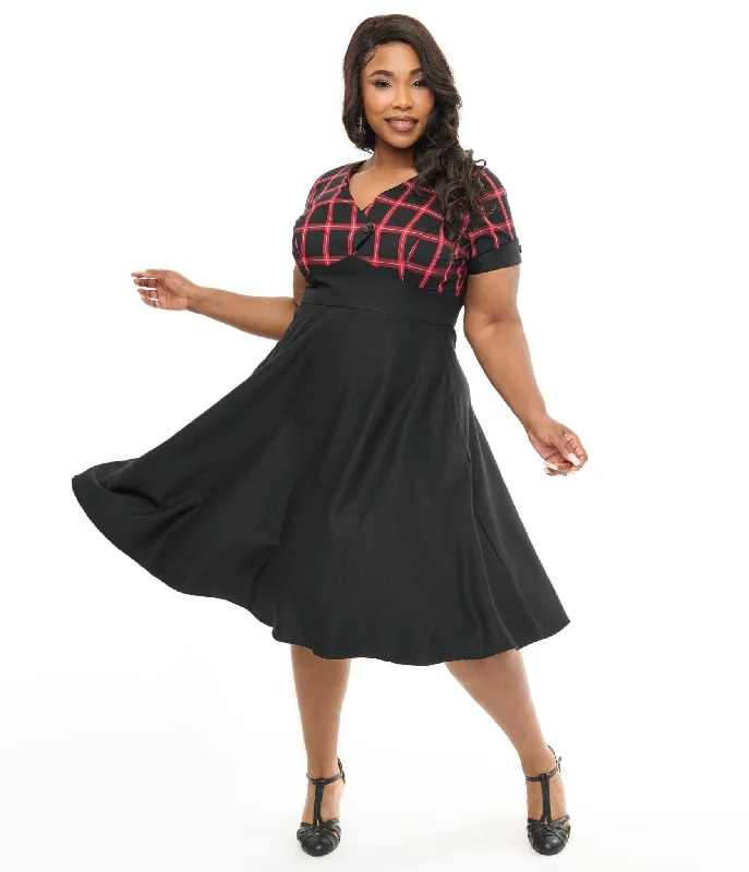 Pleated bodice midi dress-Hell Bunny Plus Size 1950s Red & Black Tartan Janine Swing Dress