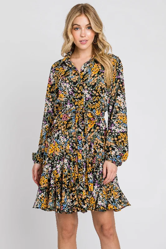 Mini dress with sweetheart neckline-Marigold/Black Floral Flare Dress