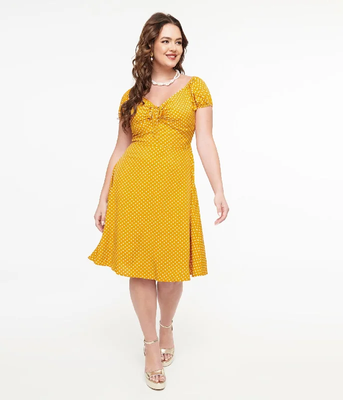 Mini dress with lace trim-Mustard & White Polka Dot Fit & Flare Dress