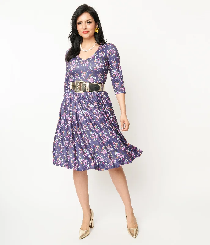 Mini dress with button front-Dolly & Dotty Purple Dragonfly Floral Print Billie Fit & Flare Dress