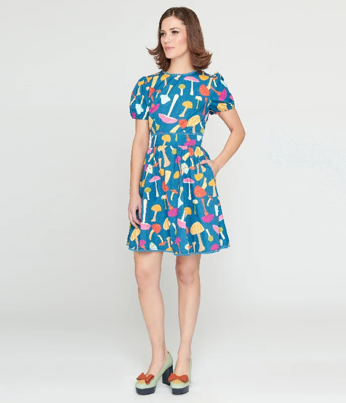 Mini dress with floral accents-Smak Parlour 1960s Navy & Rainbow Mushroom Open Back Flare Dress