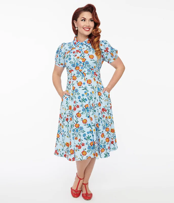 Mini dress with empire waist-Unique Vintage 1950s Blue Floral Fit & Flare Dress