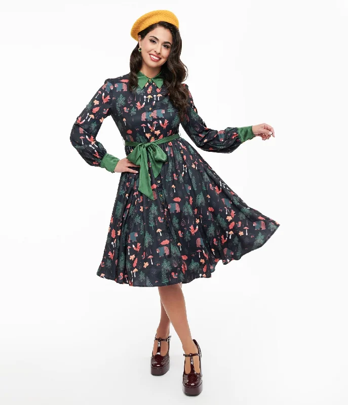 Polka dot midi dress-Unique Vintage 1970s Woodland Creature Print Shirt Dress