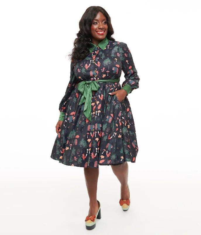 Puffy sleeve midi dress-Unique Vintage Plus Size 1970s Woodland Creature Print Shirt Dress