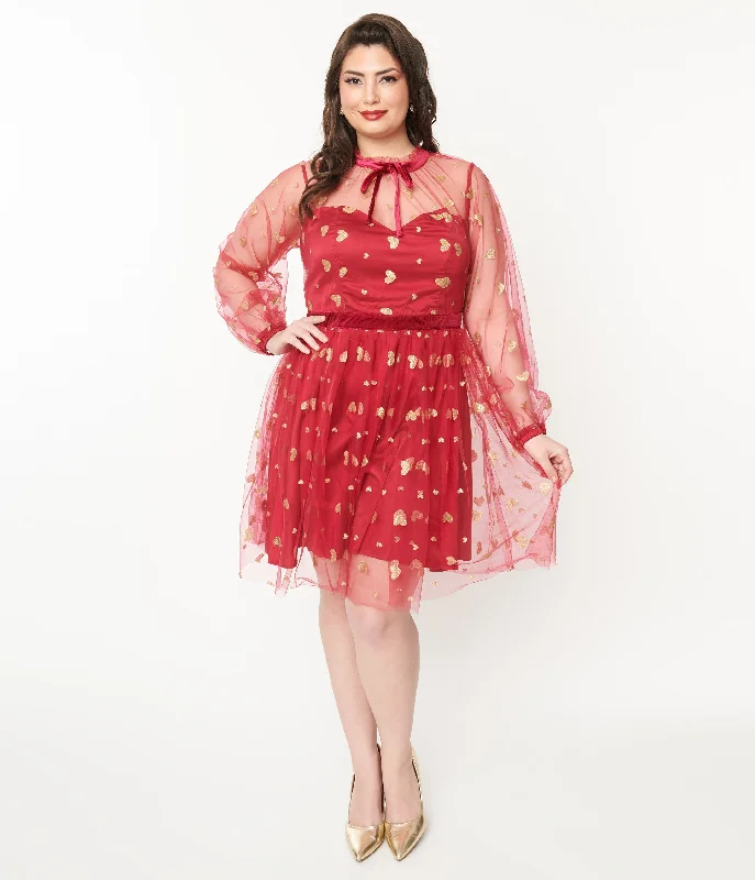 Mini dress with bold prints-Unique Vintage Plus Size Red & Gold Glitter Heart Flare Dress