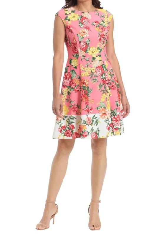 Casual shift mini dress-London Times T6720M - London Times Cap Sleeve Floral Fit & Flare Dress