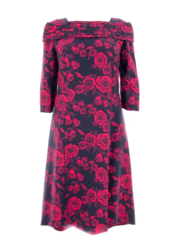 Easy-breezy mini dress-Cassandra Sinels Jacquard Rose Fit and Flare Dress, Navy and Pink