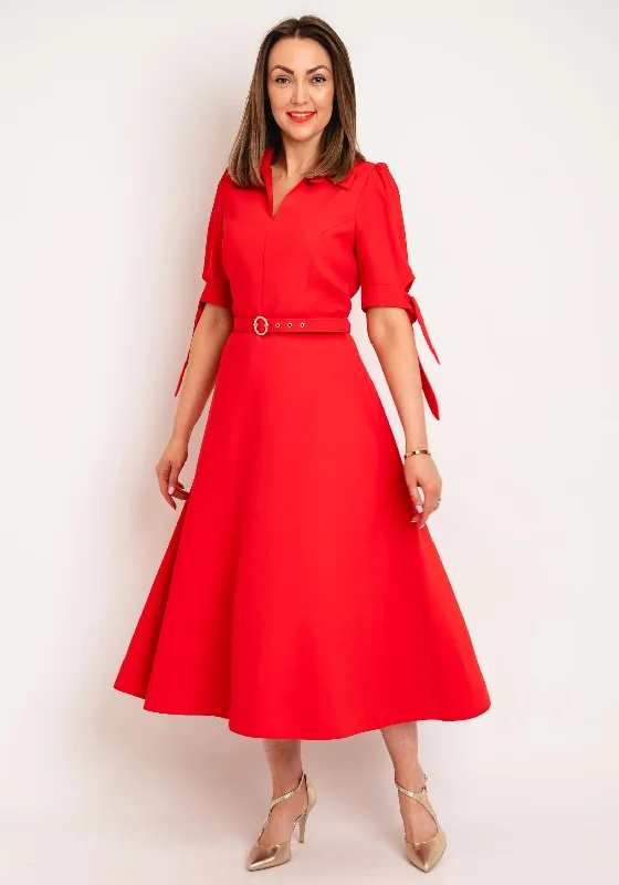 Effortless slip mini dress-Ella Boo Collar Belted Fit and Flare Dress, Red