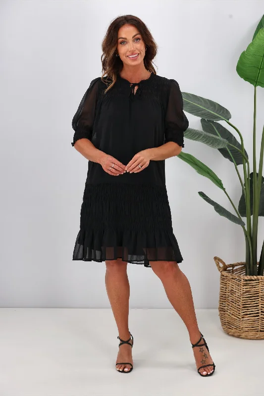 Layered tulle mini dress-Jane James Vera Shirred Short Sleeve Dress Black Preorder Late January