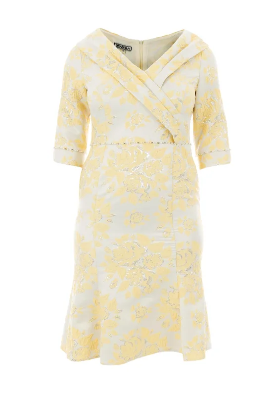 Festive glitter mini dress-Lizabella Shawl Collar Jacquard Peplum Flare Dress, Yellow Multi