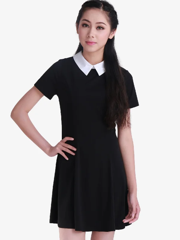 Flowy pleated mini dress-Contrast Doll Collar Short Sleeve Above Knee Flare Dress