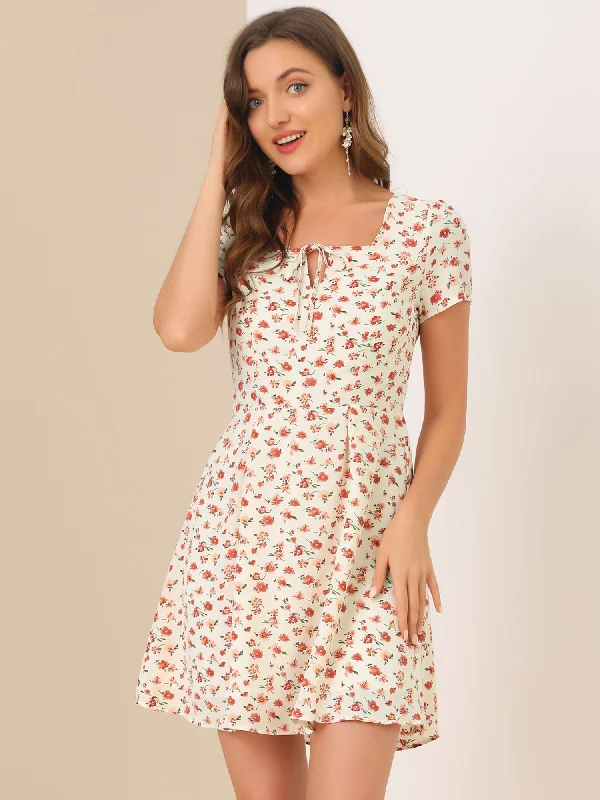 Flirty off-shoulder mini dress-Printed Casual Square Neck Short Sleeve Fit and Flare Dress