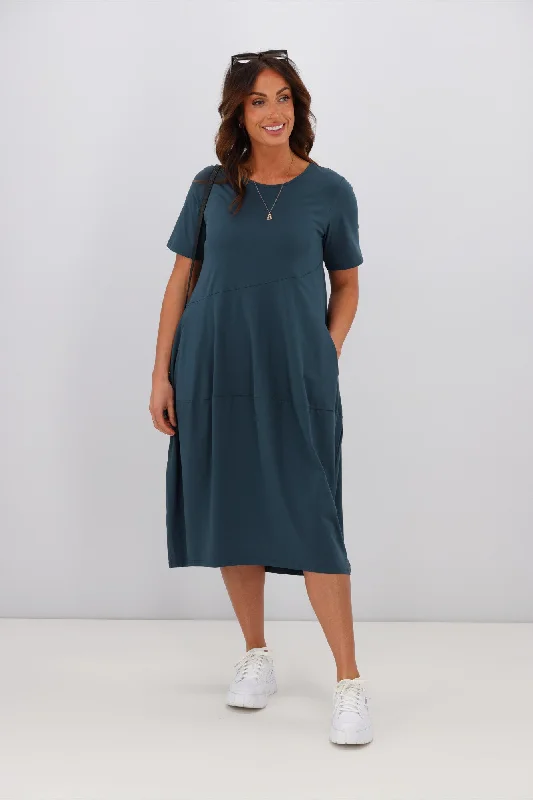 Mini dress with balloon sleeves-Tirelli Short Sleeve Diagonal Dress Deep Teal