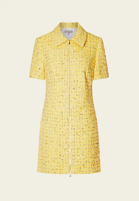 Mini dress with faux wrap-Yellow Short Sleeve Zip Up Front Tweed Dress