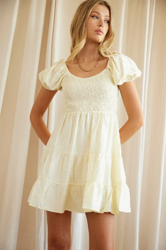 Mini dress with sheer sleeves-Beige Fit And Flare Dress Short Sleeve Scoop Neck