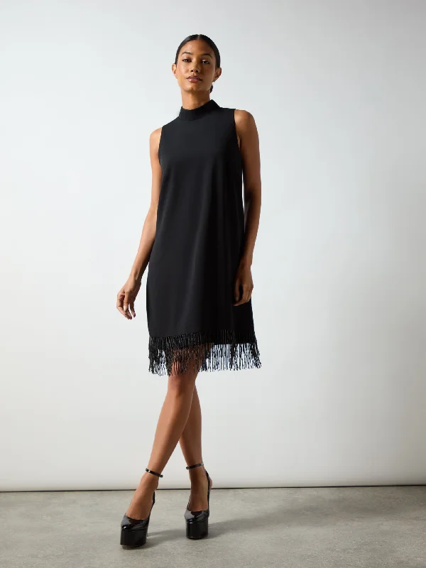 Mini dress with side pockets-Black Bead Trim Halter Dress