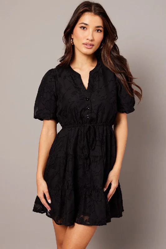 Mini dress with tie waist-Black Fit And Flare Dress Puff Sleeve Burnout Fabric