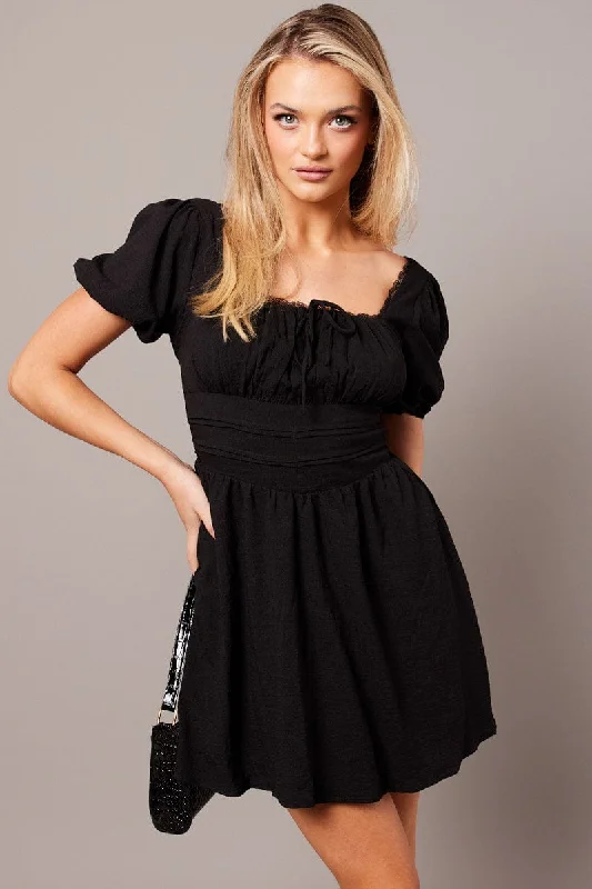 Classic fit mini dress-Black Fit And Flare Dress Puff Sleeve