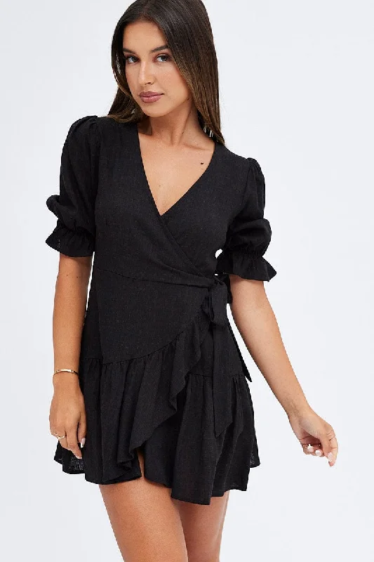 Comfortable casual mini dress-Black Fit And Flare Dress Puff Sleeve Linen Blend