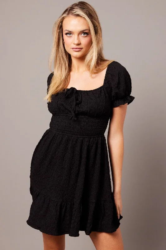 Soft jersey mini dress-Black Fit And Flare Dress Puff Sleeve Textured fabric