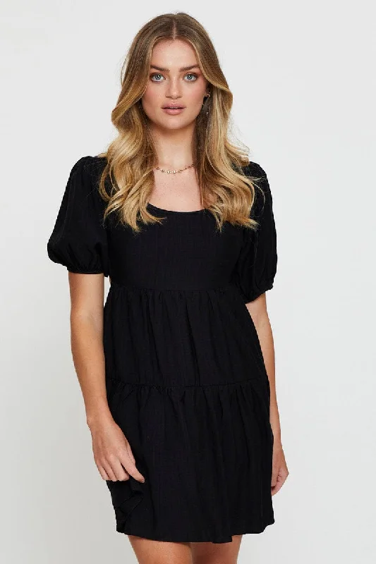 Glamorous satin mini dress-Black Fit And Flare Dress Short Sleeve Open Back