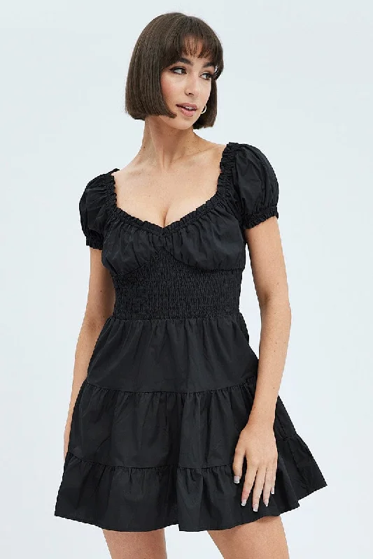 Mini dress with back tie-Black Fit and Flare Dress Short Sleeve Shirred