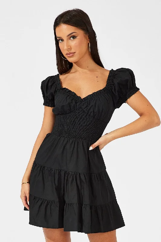 Breezy eyelet mini dress-Black Fit and Flare Dress Short Sleeve Shirred Waist