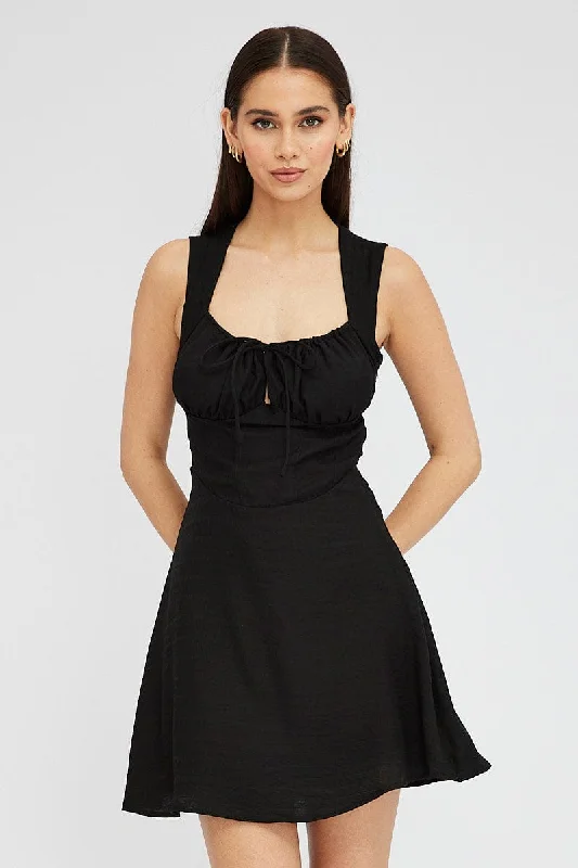 Cozy knitted mini dress-Black Fit and Flare Dress Sleeveless Corset