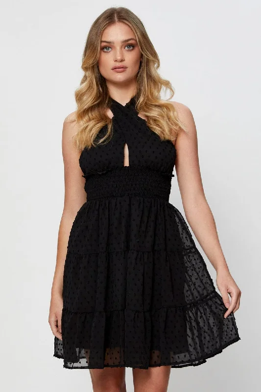 Breezy eyelet mini dress-Black Fit And Flare Dress Sleeveless Halter Neck