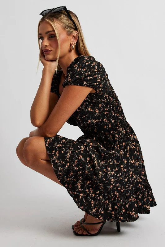 Modern skater mini dress-Black Floral Fit And Flare Dress Puff Sleeve