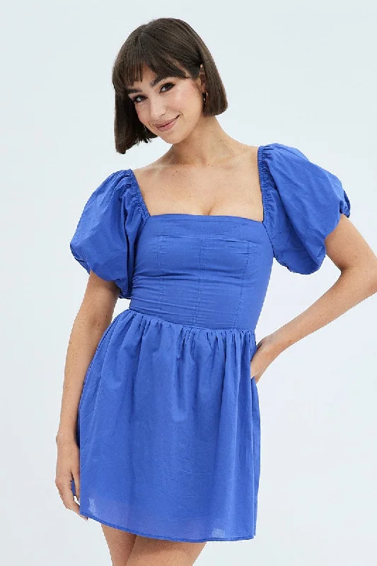 Fashionable mini dress with collar-Blue Fit and Flare Dress Short Sleeve