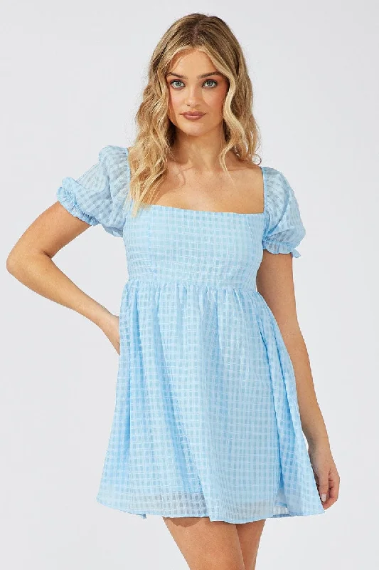 Mini dress with deep v-neck-Blue Fit and Flare Dress Short Sleeve