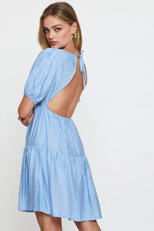 Elegant cocktail mini dress-Blue Fit And Flare Dress Short Sleeve Open Back