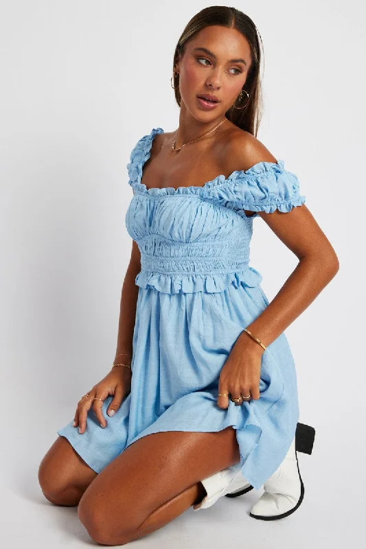 Casual ribbed mini dress-Blue Fit And Flare Dress Sleeveless