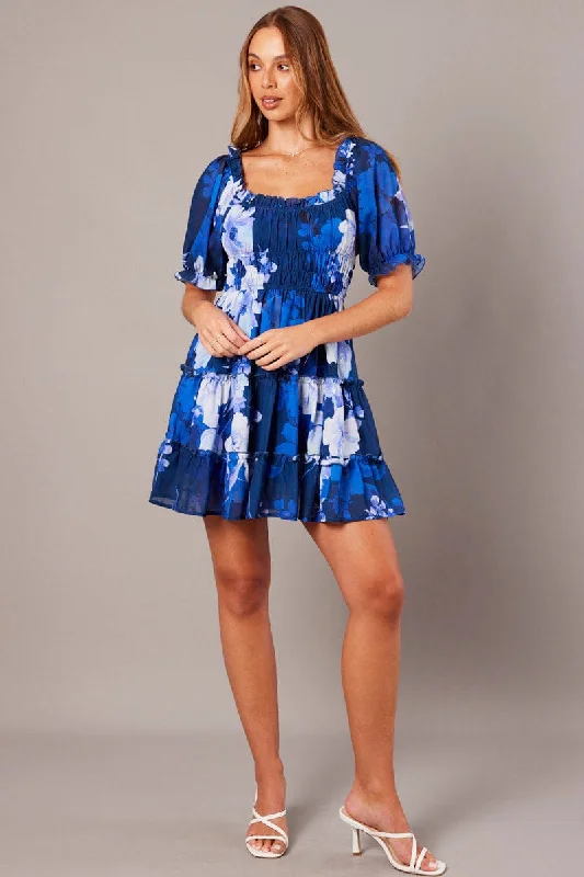 Mini dress with floral motifs-Blue Floral Fit And Flare Dress Puff Sleeve