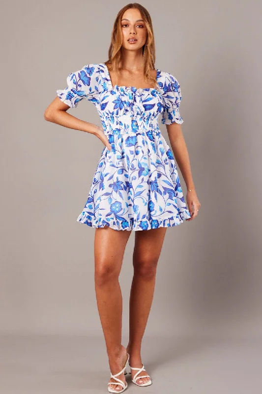 Sleek bodycon mini dress-Blue Floral Fit And Flare Dress Puff Sleeve