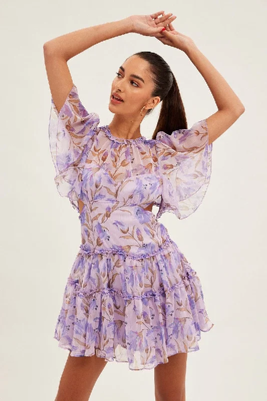 Mini dress with side pockets-Blue Floral Fit And Flare Dress Short Sleeve Backless