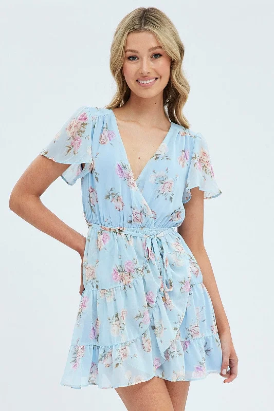 Mini dress for beach party-Blue Floral Fit And Flare Dress Short Sleeve Wrap Chiffon