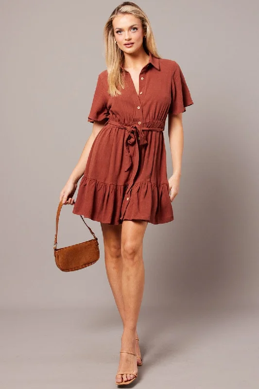 Casual ribbed mini dress-Brown Fit And Flare Dress Wing Sleeve