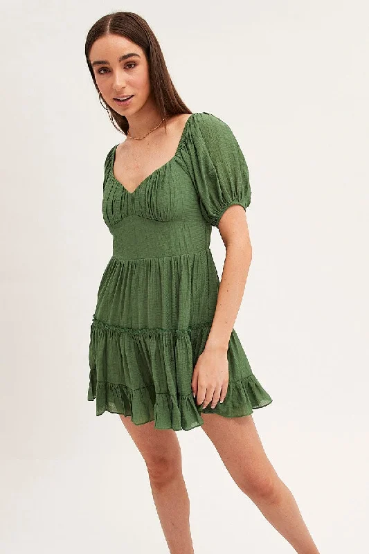 Fun polka dot mini dress-Green Fit And Flare Dress Puff Sleeve Sweetheart Neck