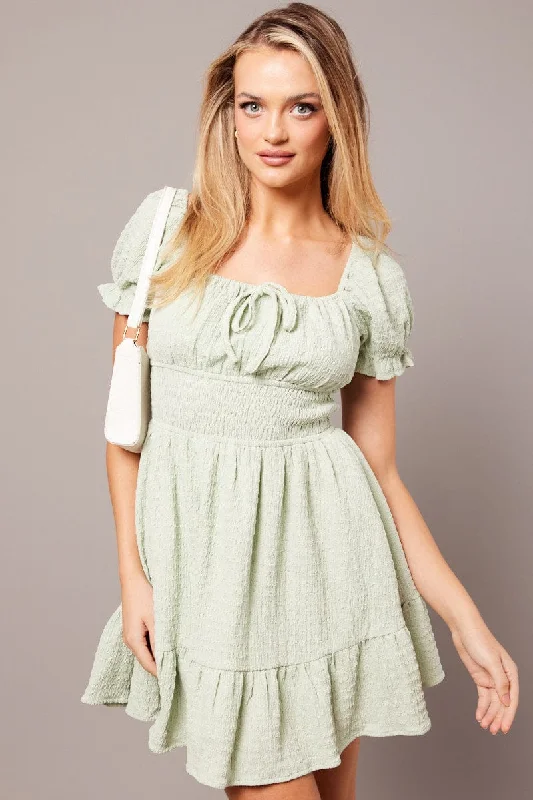 Mini dress with sheer overlay-Green Fit And Flare Dress Puff Sleeve Textured fabric