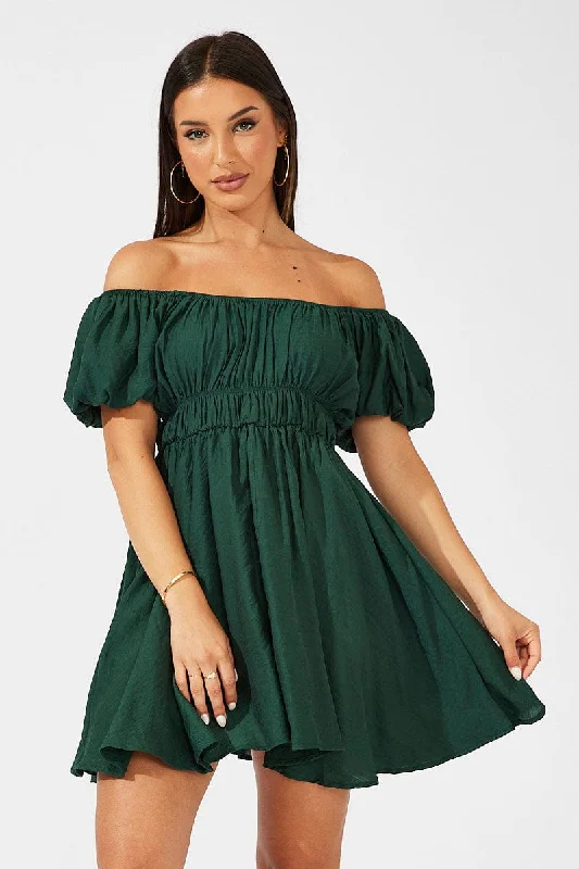 Playful ruffle mini dress-Green Fit and Flare Dress Short Sleeve Ruched