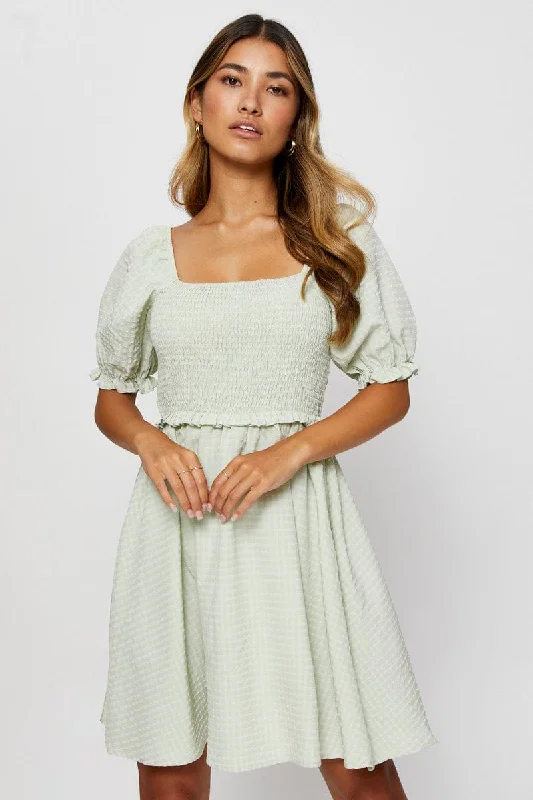 Cute mini dress with bow detail-Green Fit And Flare Dress Short Sleeve Square Neck