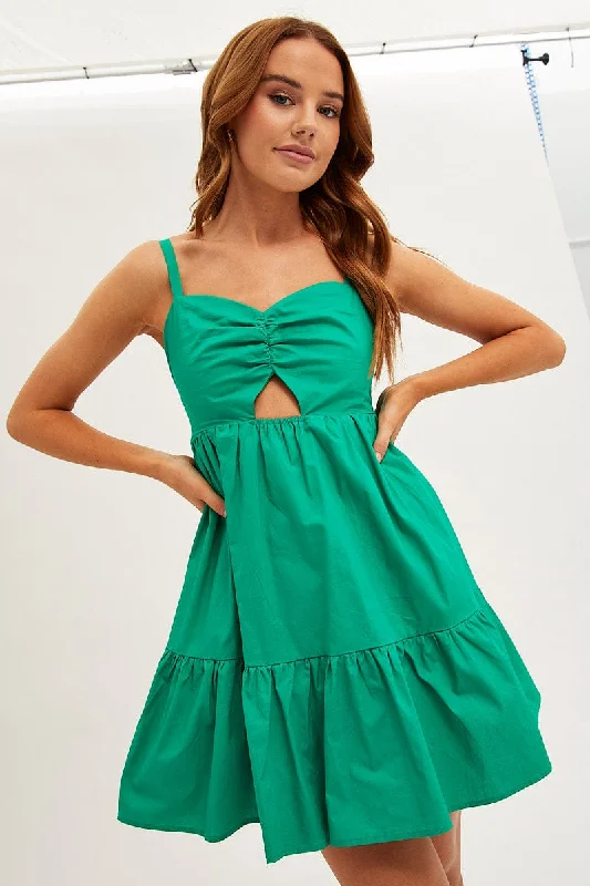 Mini dress with floral motifs-Green Fit And Flare Dress Sleeveless Ruched Bust