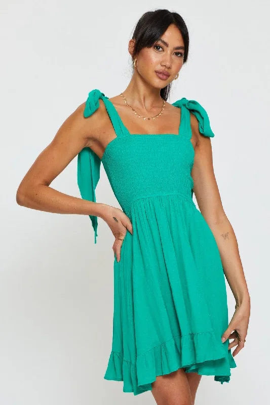 Mini dress with side pockets-Green Fit And Flare Dress Sleeveless Tie Shoulder