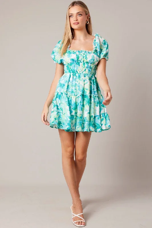 Mini dress with lace panels-Green Floral Fit And Flare Dress Puff Sleeve